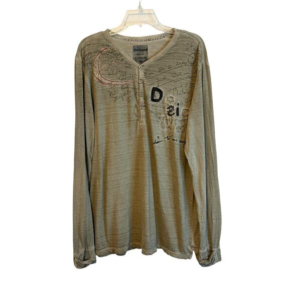 Desigual Shirt Mens 2XL Henley Long Sleeve Embroidered Graphic Art Hip Hop Y2K - Picture 1 of 8